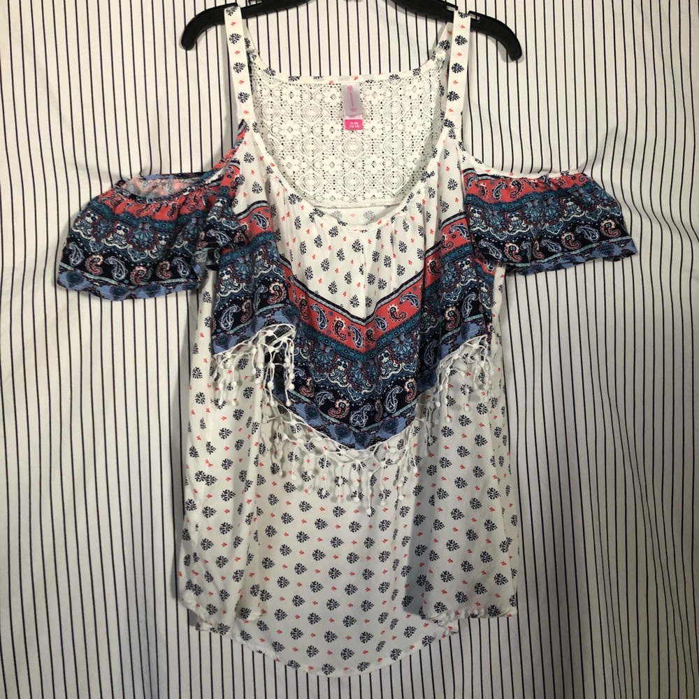 Off the shoulder floral blouse.